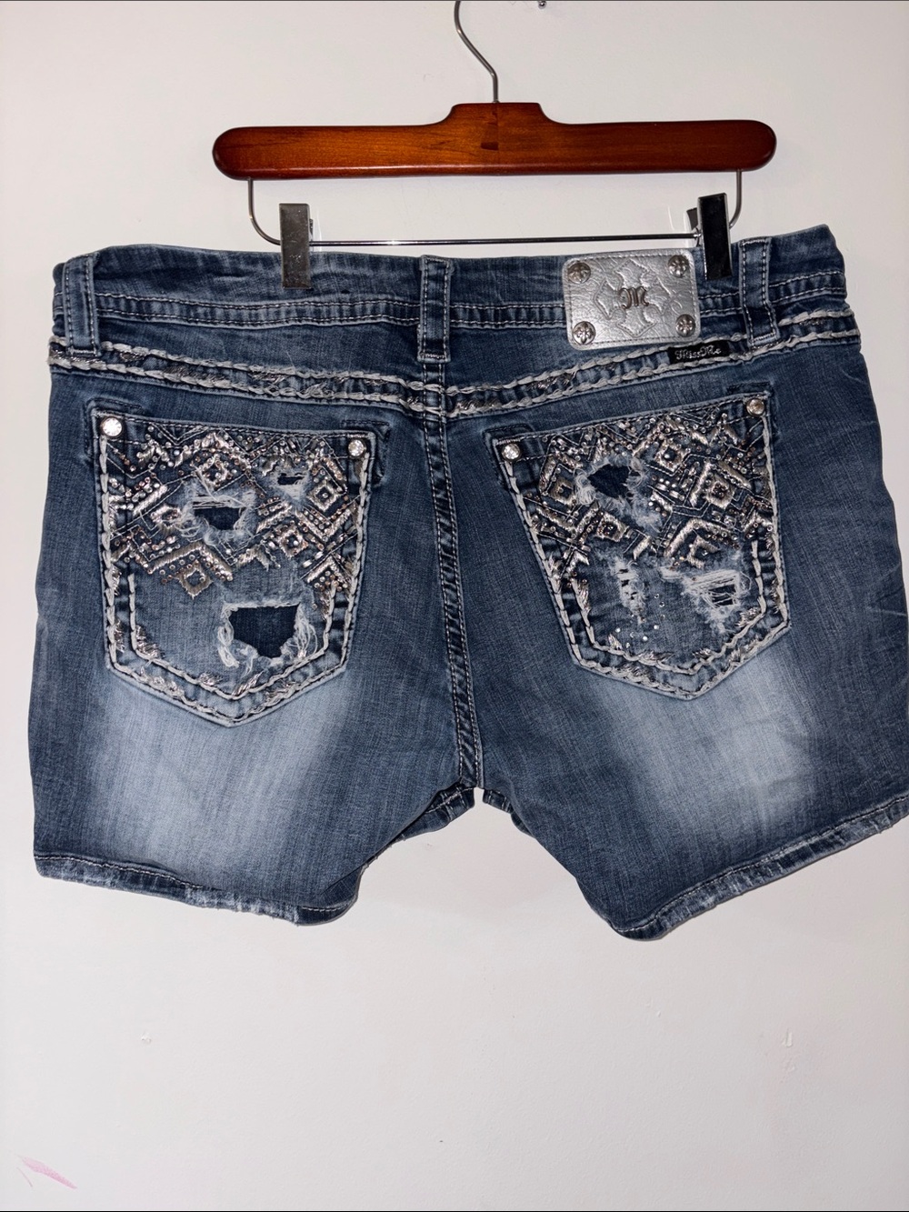 Miss Me Distressed Dark Blue Denim Shorts- 36 - Picture 5 of 6